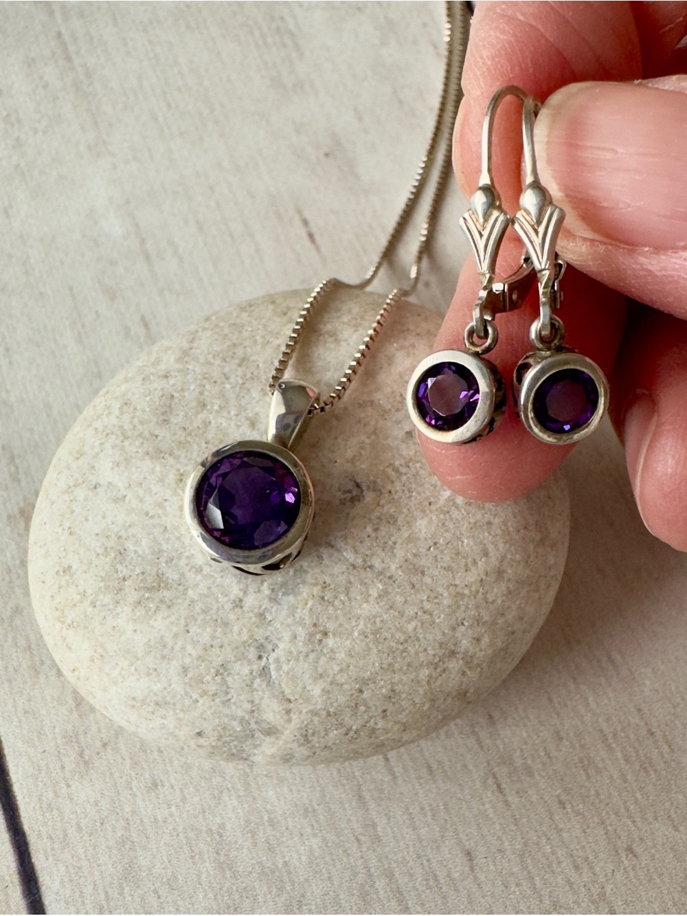 Sterling Silver Amethyst Round Pendant Necklace with Matching Earrings - Purple